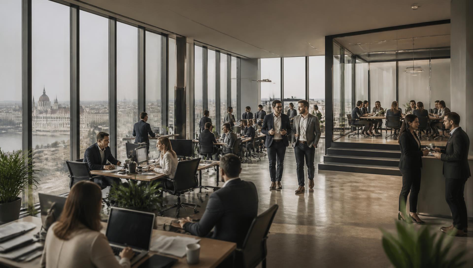 Modern budapesti toronyiroda: nagy, világos open office panorámás üvegfelületekkel és aktív üzleti környezettel